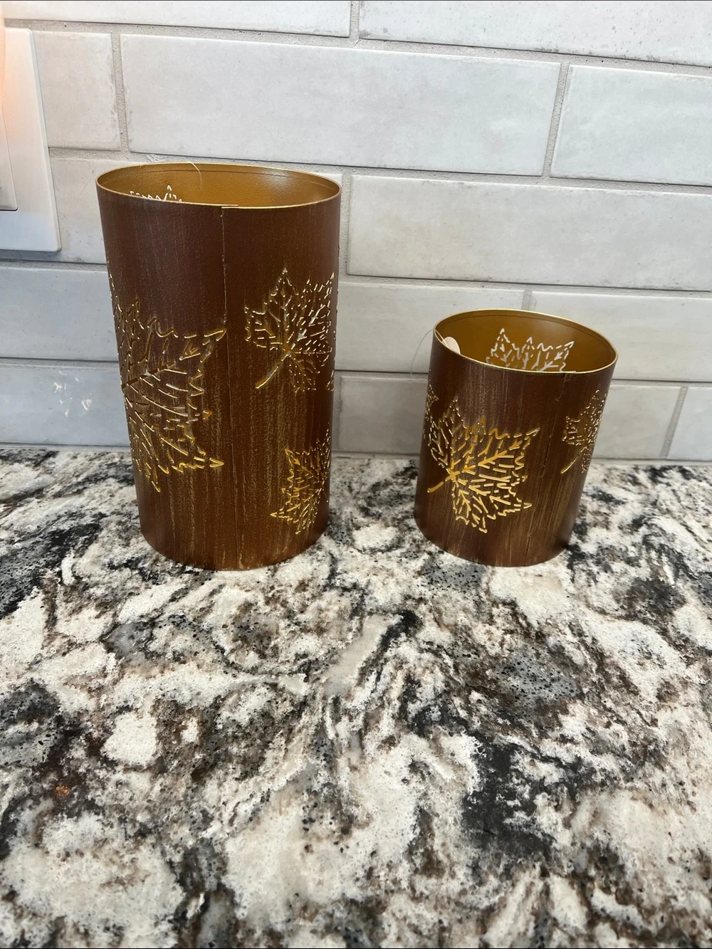 NEW Pair of Brown & Gold Leaf Metal Candle Holders